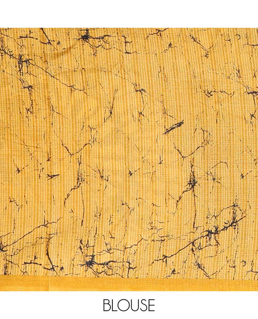 Black batik-style uniquely printed khadi cotton saree, contrast yellow piping border & printed pallu