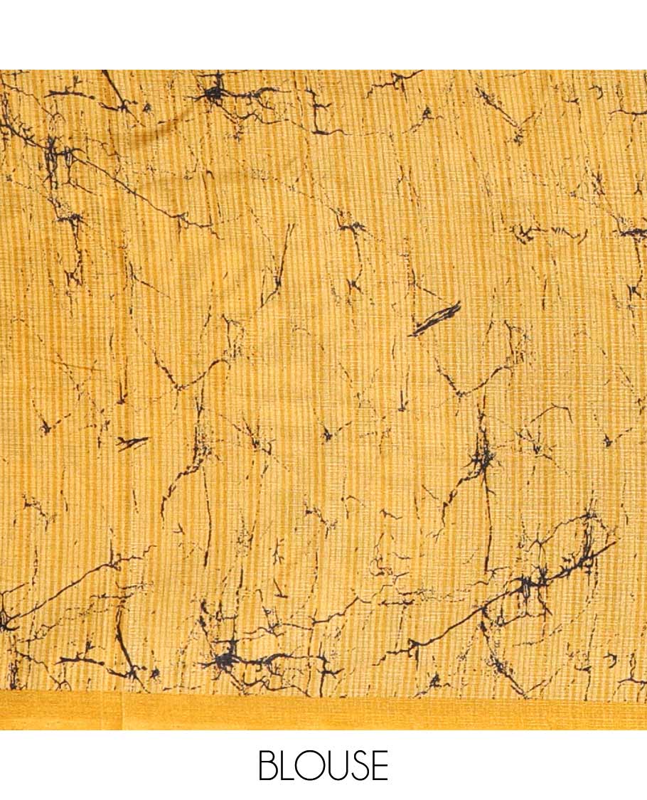 Black batik-style uniquely printed khadi cotton saree, contrast yellow piping border & printed pallu