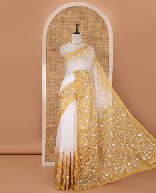 White-yellow color 2D-style print & floral vine chikankari embroidered kota check saree, lace border & plain blouse
