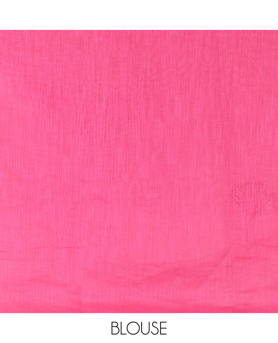 White-Pink Linen Cotton Saree Features Floral Print, Ombre-Style Dual-Color, a Piping Border, and a Contrast Blouse
