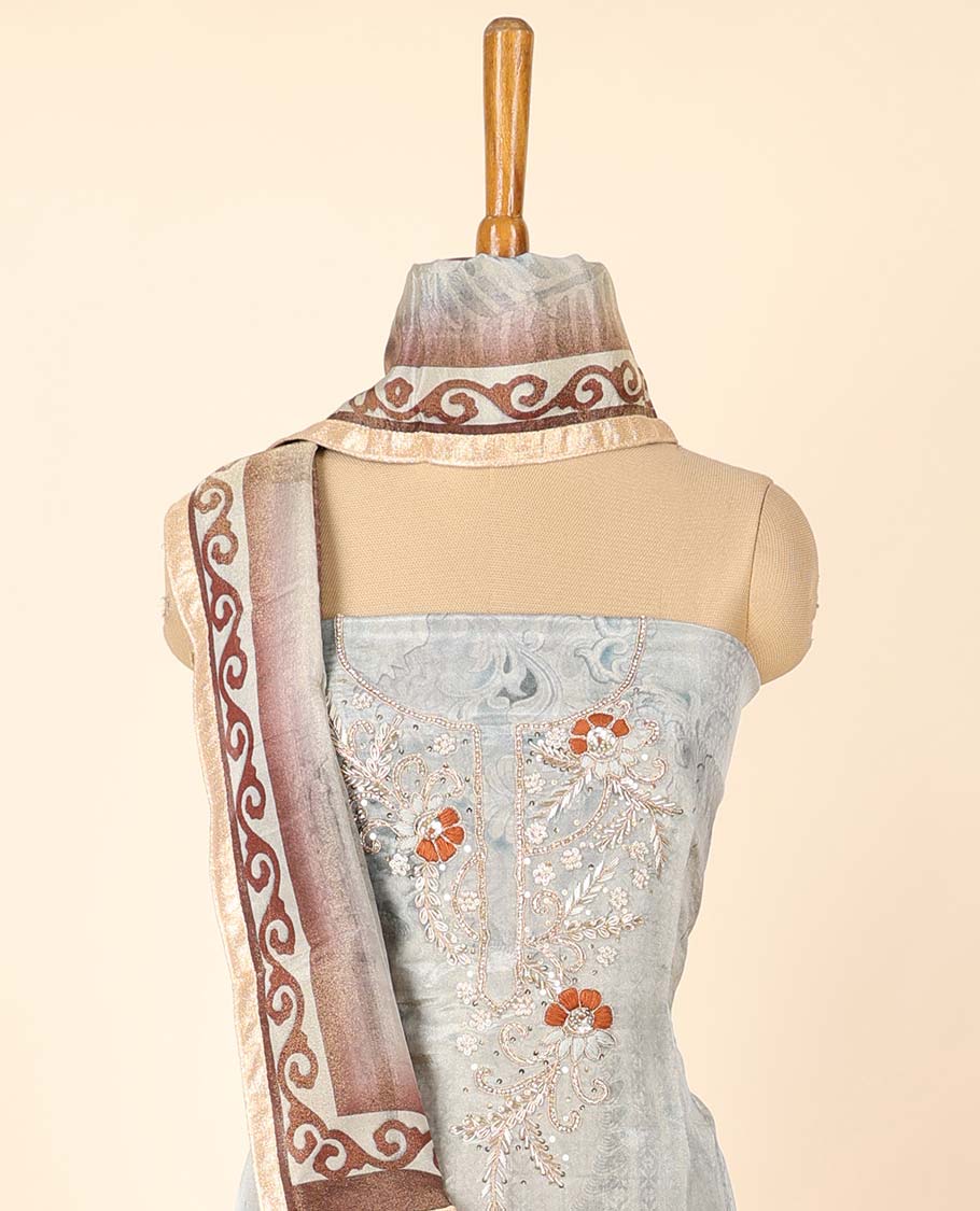 Grey material chudidhar set, print & embroidered top, plain bottom & floral printed dupatta