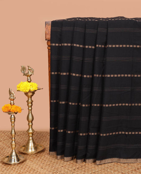 Black arambu design, striped thread narayanapet cotton saree with temple border & cheer pallu along with running blouse