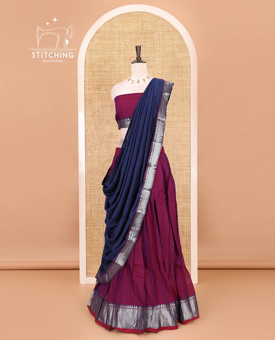 Magenta Mercerised cotton half-saree, plain & contrast mayil kann temple border skirt, matching blouse & contrast zari border syska georgette dhavani