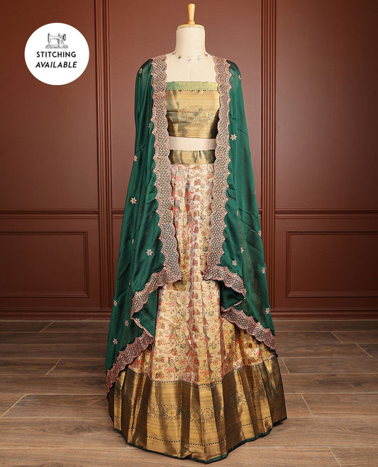 Light yellow floral vine design half saree with contrast zari design border, zari design blouse & floral embroidery scallop border dhavani