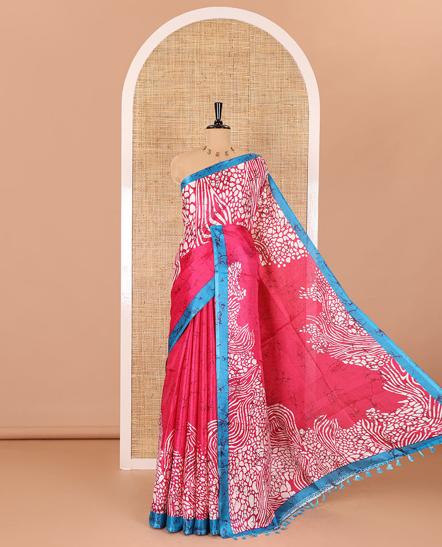 Rani pink batik printed art Khadi cotton saree, batik printed border, batik printed pallu, and a contrast batik printed blouse