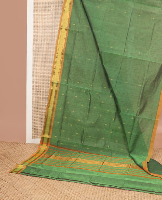 Green motifs andhra cotton saree with contrast zari design border & striped pallu