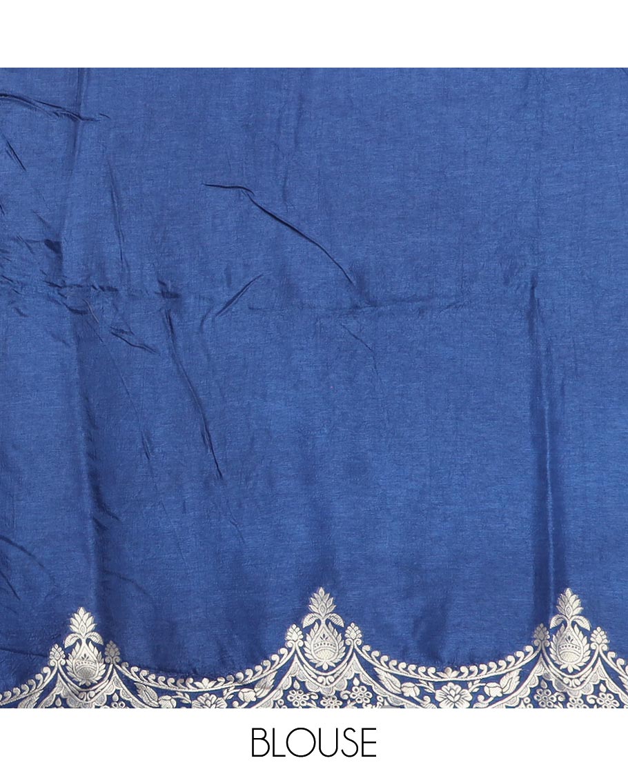 Blue floral motifs semi-banaras dola silk saree with scallop border & peacock design pallu