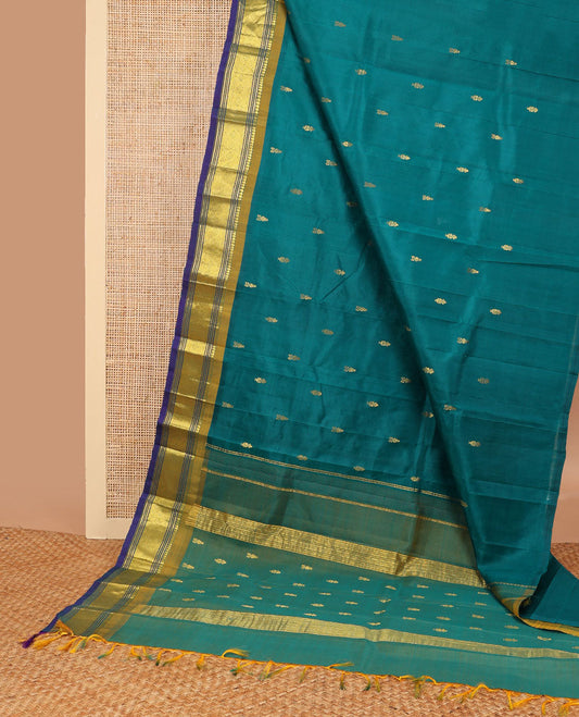 Blue floral buttas kancheepuram silk saree with contrast border of banaras, muthu, checked design border & zari design pallu