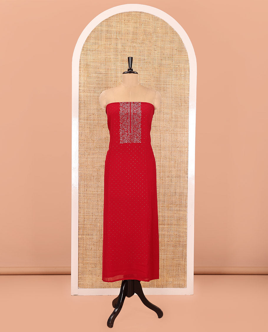 Red Material Churidar Set, Dazzled with Micro-Stone Work on Fox Georgette Top, Comes with a Plain Santoon Bottom, and Is Paired with a Fox Georgette Micro-Stone Work Dupatta