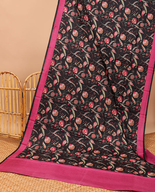 Black floral printed semi banaras saree with contrast border & striped pallu