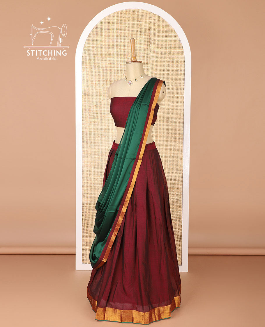 Maroon mercerised cotton daman zari border half saree with cotton blouse & skya georgette one side zari border dhavani