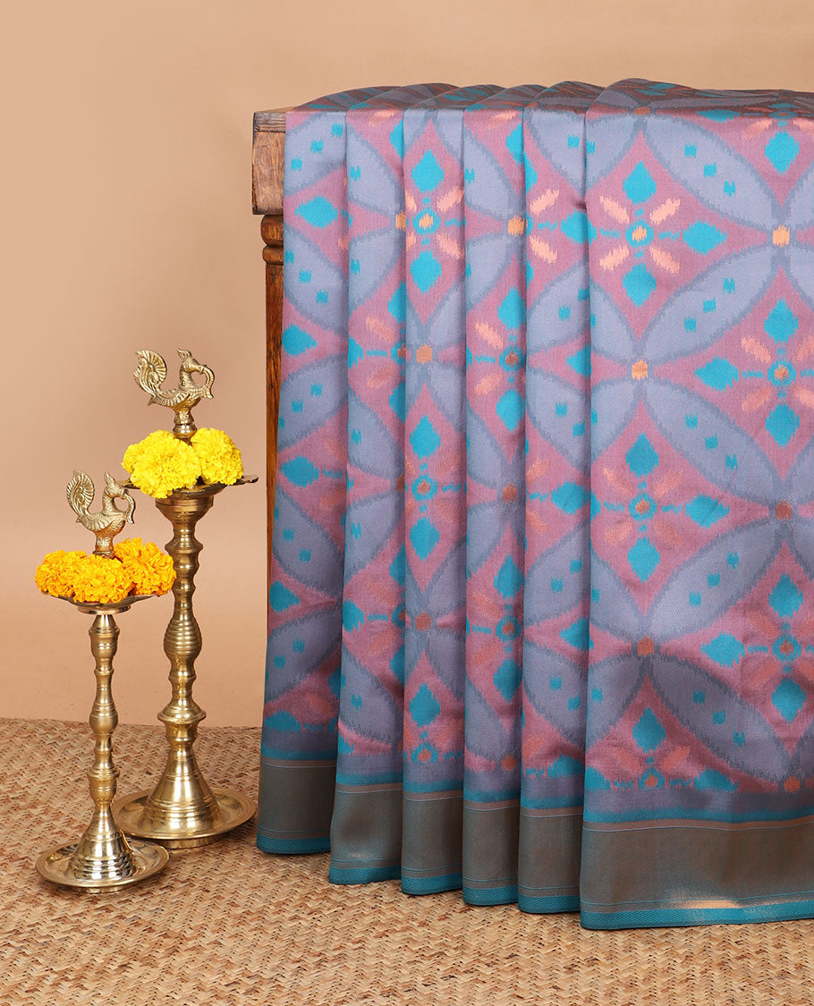 Purple with blue zari pochampalli weaving design mulberry silk saree with bawanchi, ikkat weaving border & rich pochampalli weaving pallu along with plain blouse