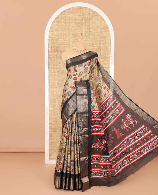 Chikku-black color animal and village theme printed khadi jute saree, contrast jaal patterns zari woven border, printed pallu, and a contrast blouse
