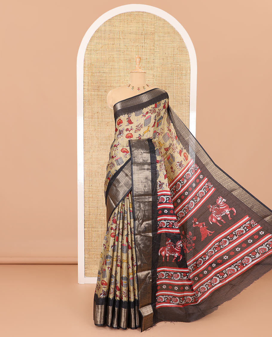 Chikku-black color animal and village theme printed khadi jute saree, contrast jaal patterns zari woven border, printed pallu, and a contrast blouse