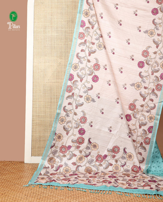Chikku color with light blue floral digital printed semi tussar silk saree with kalamkari design border & kalamkari design pallu along with printed blouse