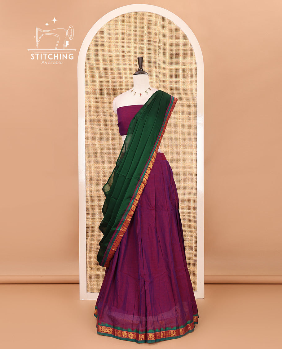Purple mercerized cotton half-saree, plain & contrast peacock motifs gold zari temple border skirt, matching blouse & temple zari border vichitra silk dhavani
