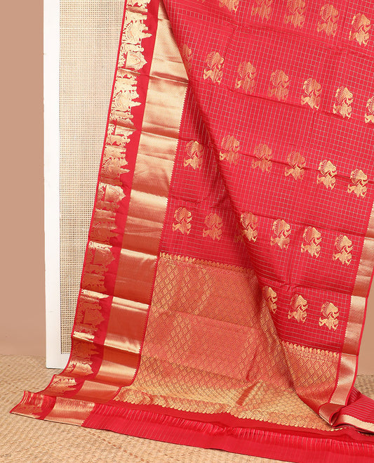 Red checked, human buttas silk saree with self border of wedding design & floral design pallu