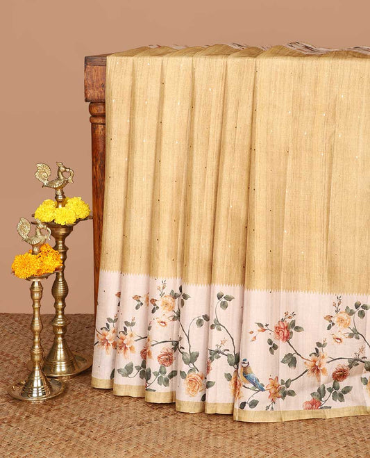 Mustard zari butta fancy tussar saree with bird digital floral design border & digital print pallu along with floral print blouse