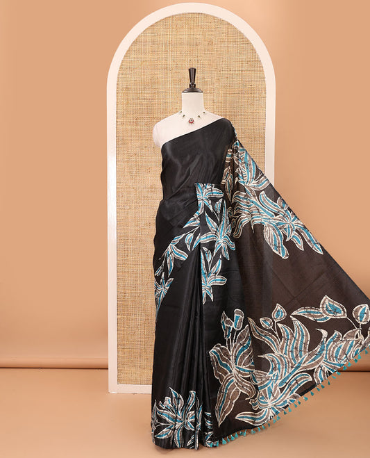 Black-base plain body khadi cotton saree with batik-style blue-color floral printed border & pallu, line-type blouse