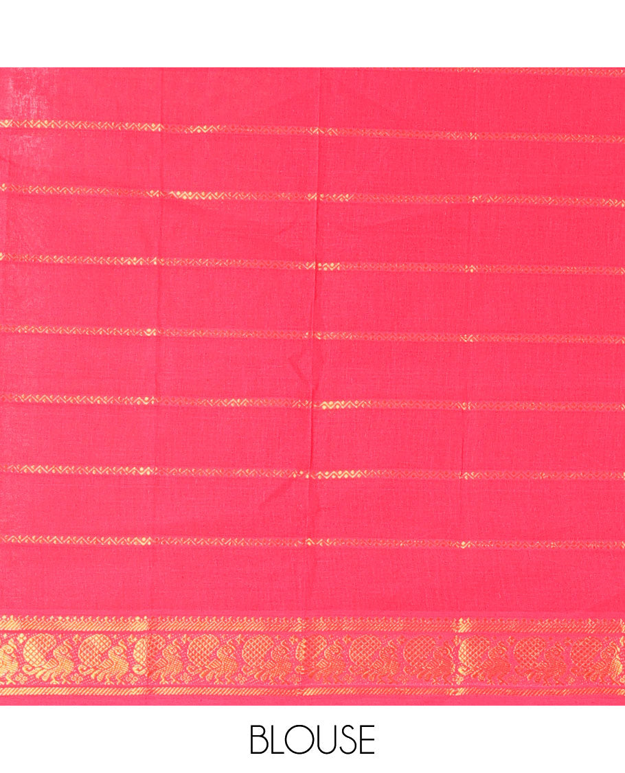 Navy Blue Sungudi Cotton Saree, Elevated with Veldhari Zari Stripes All Over Its Body, Complemented by a Contrast Temple Border of Peacock Designs, Zari Design Pallu, and Paired with a Contrast Blouse