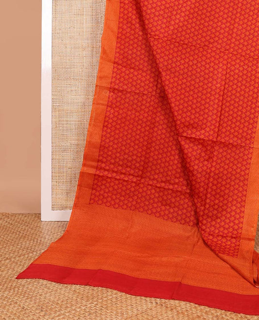 Red floral design printed silk saree with contrast intricate design border & floral design pallu