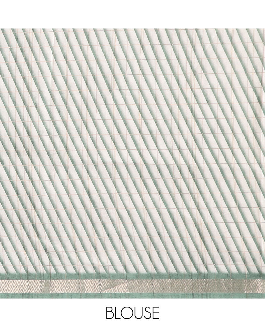Green checked semi-banaras tussar saree with self - bullock cart border & checked pallu