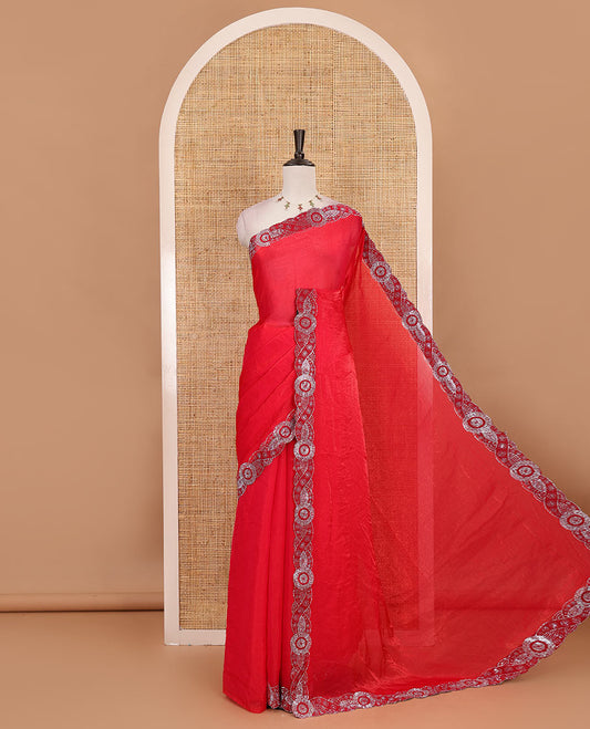 Rani pink full-plain fendy chiffon saree, scallop swarovski stone work geometric border and contrast plain blouse