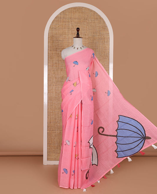 Borderless pink umbrella motifs printed linen cotton saree, self-pallu of big umbrella motifs and contrast blouse