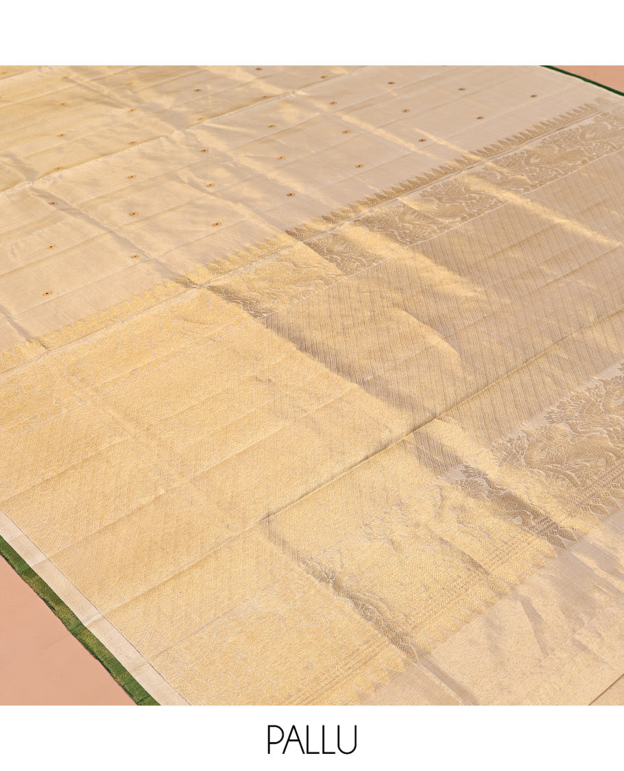 Borderless Gold Kanchipuram Designer Silk Saree, Finely Crafted with Meena Zari Buttas, Zari Pallu of Diagonal Stripes and Singam Designs, and a Matching Blouse