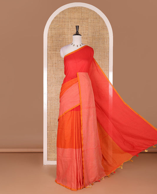 Borderless orange ombre style tri-colored plain Khadi mul cotton saree with full plain blouse