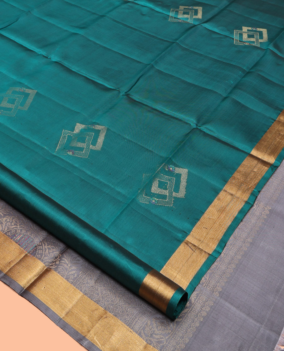 Blue Mayuri Lite Silk Mix Saree, Subtly Sparkled With Zari Buttas, a Subtle Bavanji Border, Contrast Intricately Designed Pallu, and a Contrast Blouse