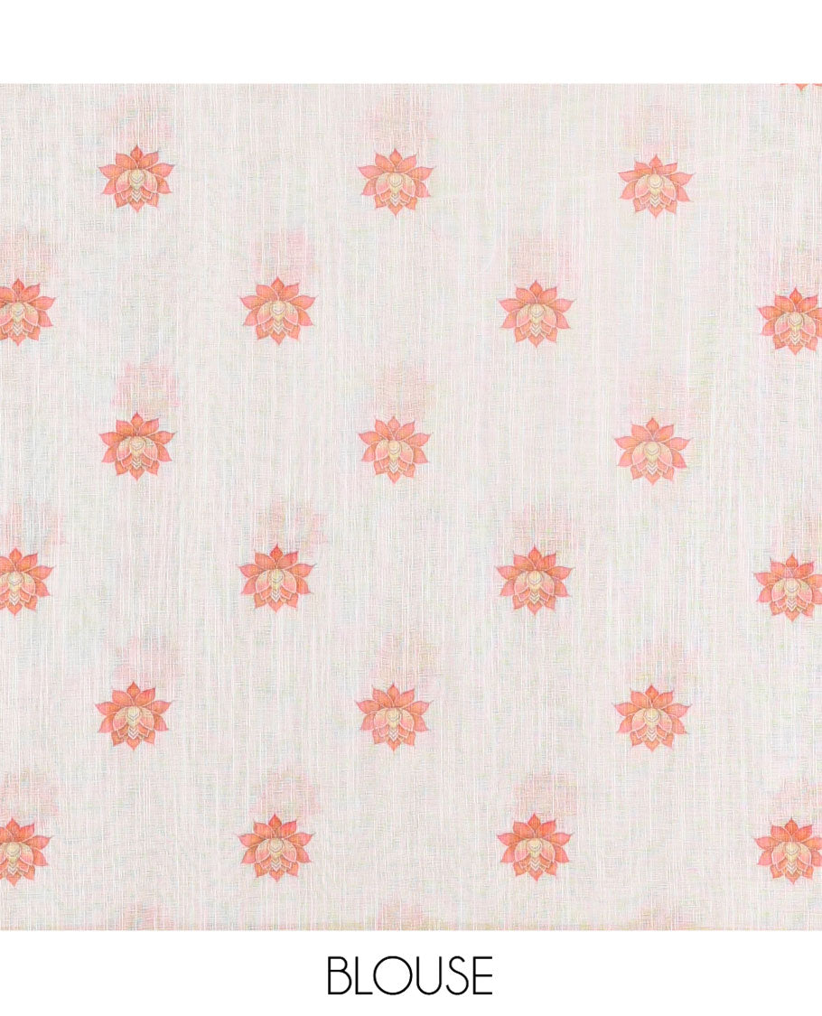 Cream Linen Cotton Saree, Elevated with Lotus, Floral, Elephant, and Peacock Motifs Printed on Its Body, Subtle Piping Border, a Self-Pallu, and Paired with a Matching Blouse
