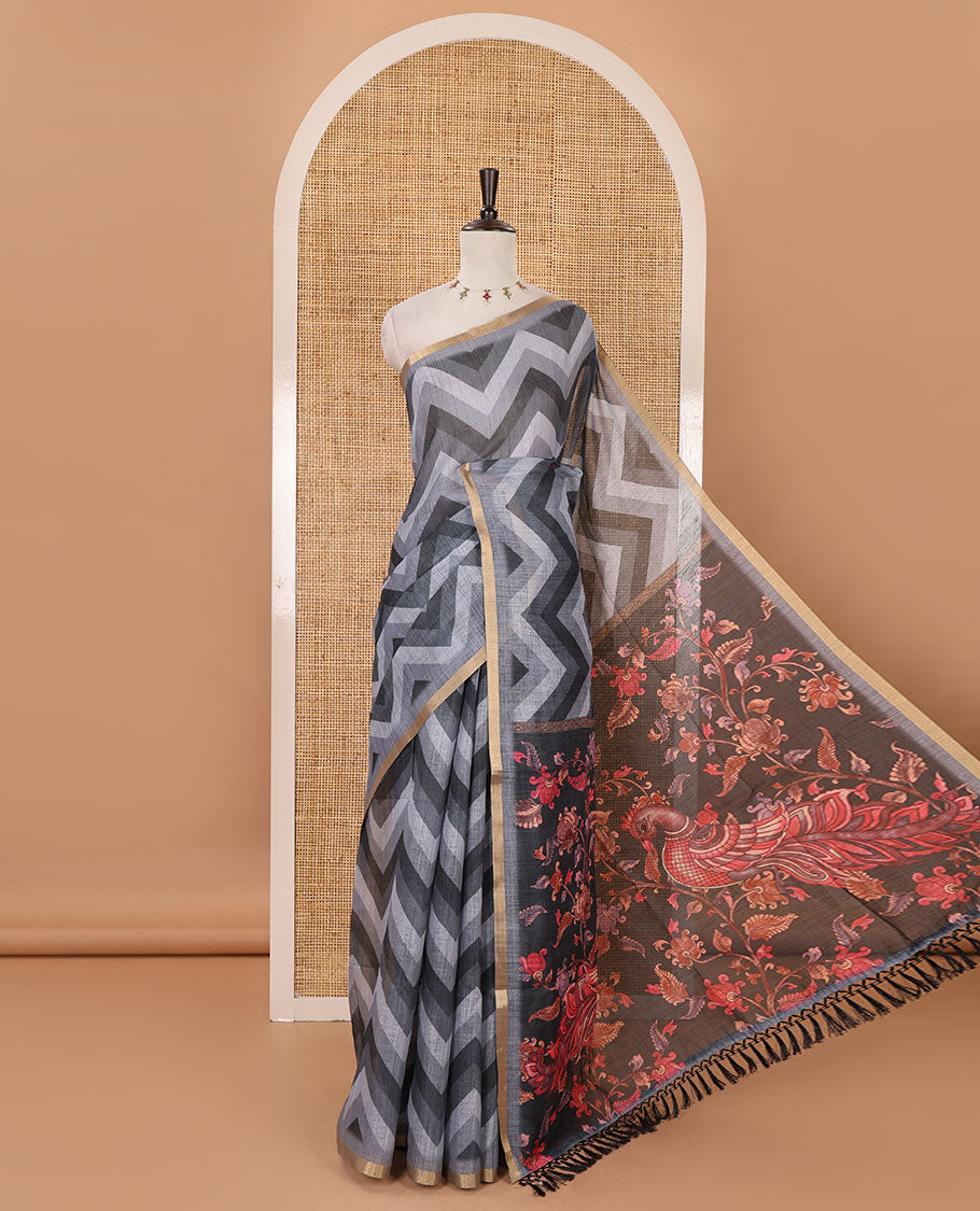 Grey zig-zag stripes printed linen cotton saree, piping zari border, kalamkari floral-peacock printed pallu & contrast printed blouse
