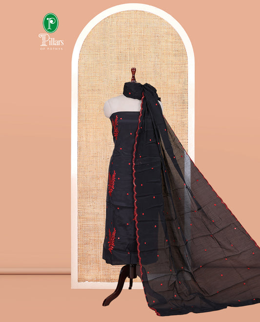 Black-Red Mul Chanderi Material Churidar Features Floral Embroidered Top, a Matching Bottom, and an Embroidered Scallop Dupatta