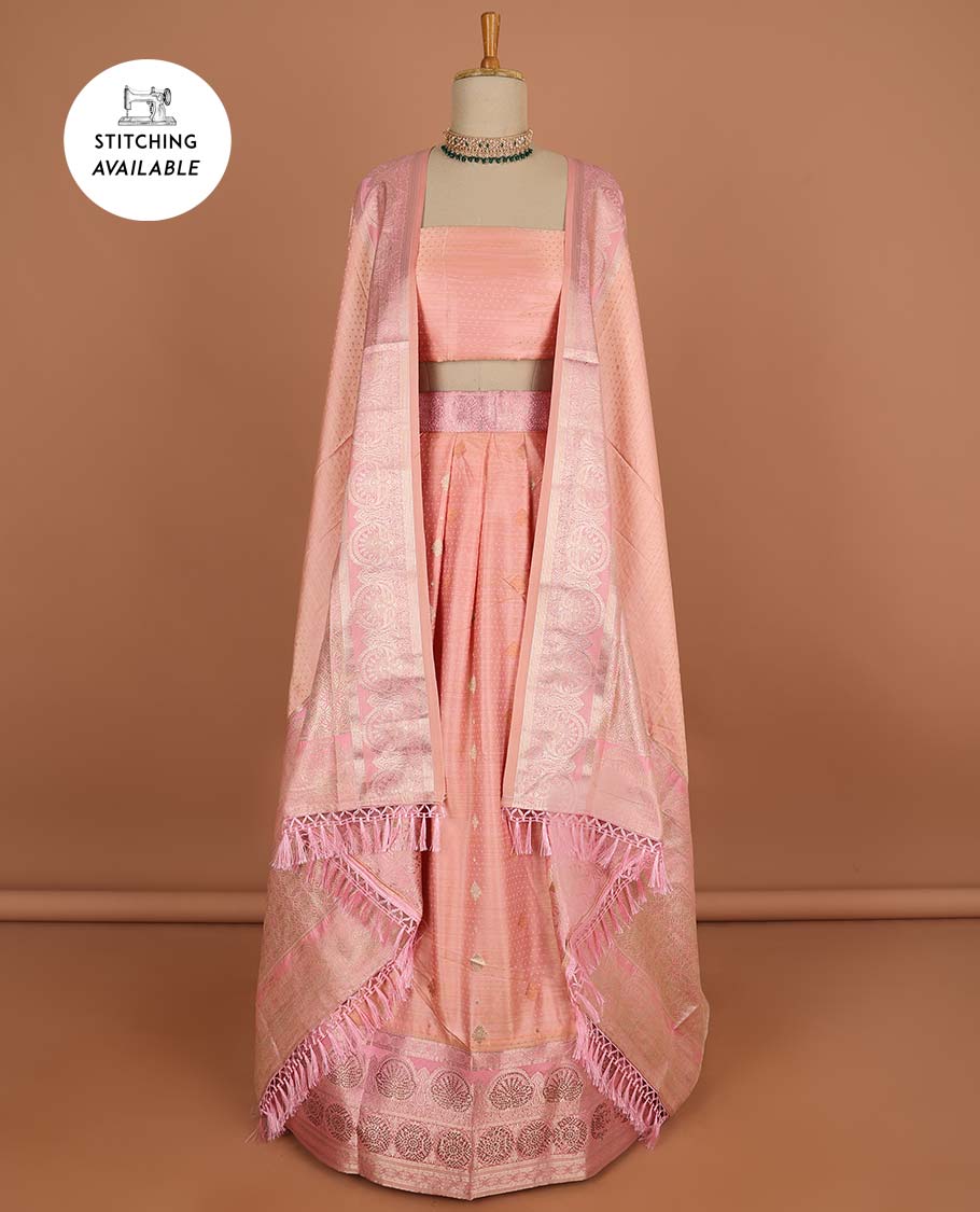 Green floral buttas half sare with contrast zari border, zari design blouse & intricate zari design dhavani