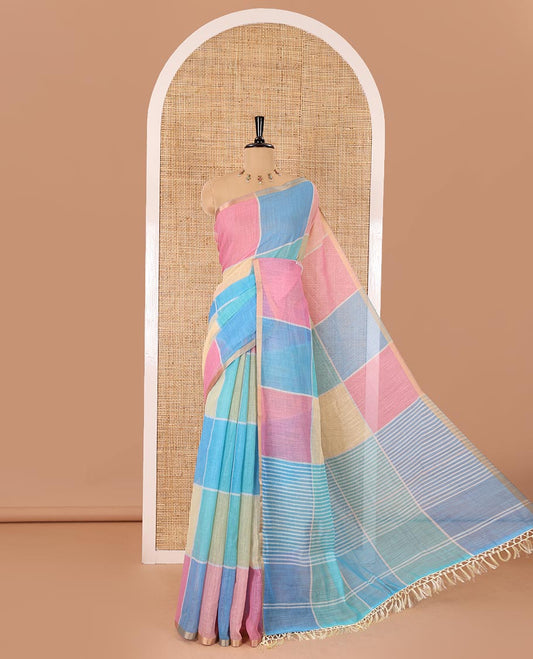 Blue multi-colored checked linen cotton saree, piping zari border, striped pallu, and multi-color printed blouse