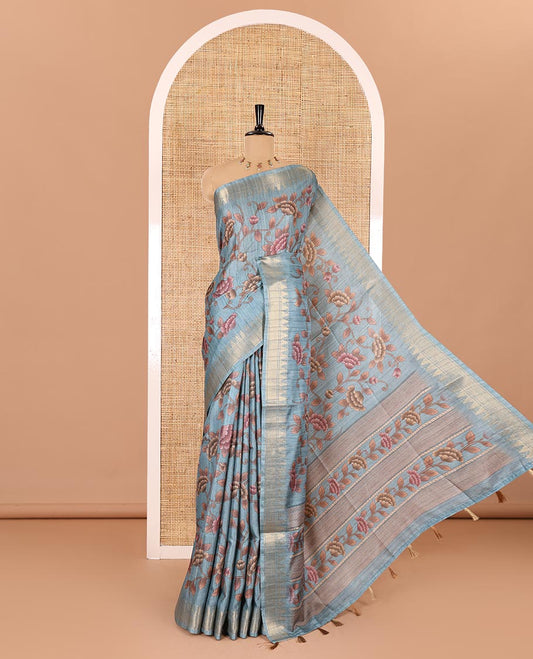 Blue floral vine printed fancy tussar saree, zari temple border, floral printed pallu, and a matching zari woven blouse