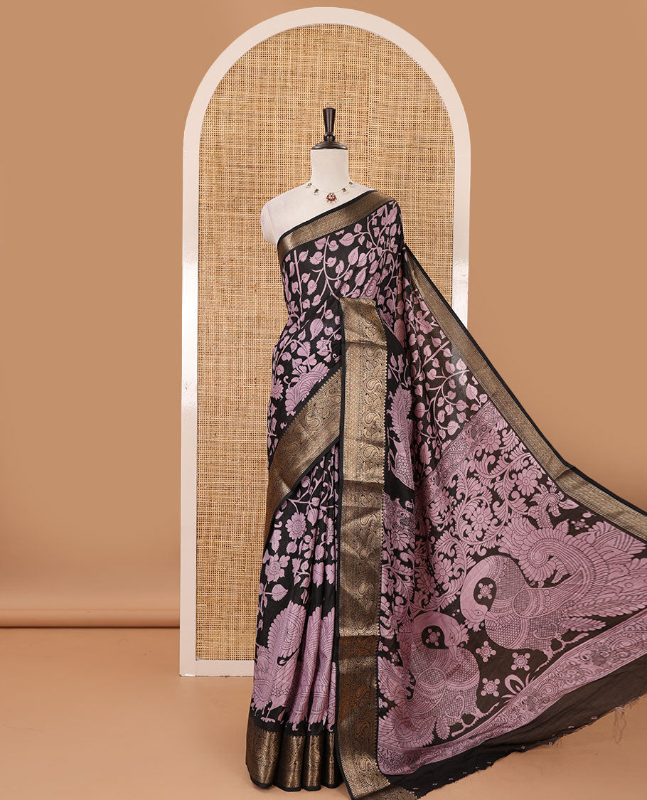 Black-lavender kalamkari floral vine & peacock printed Dola silk saree,traditional border,kalamkari print pallu & matching blouse of print & zari work