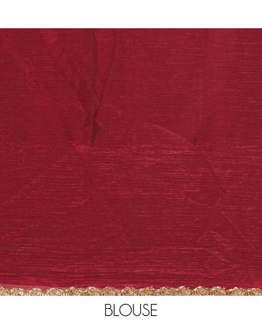 Maroon fendy chiffon saree with hand work border & self pallu along with hand work blouse