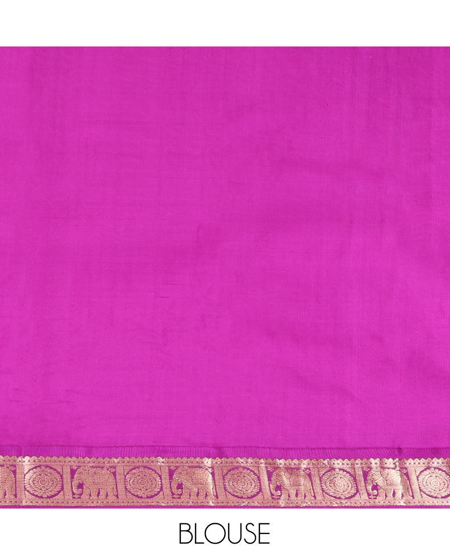 Yellow Vasundhara Silk Saree, Subtly Sparkled with Zari Buttas, Complemented by Contrast Border of Rekku, Chakram, and Yaanai Designs, Jaal Pallu, and a Contrast Blouse