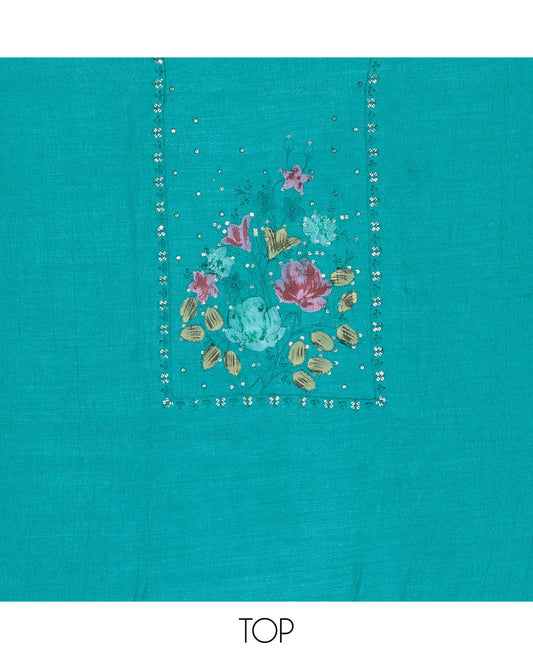 Blue chudidhar material set floral design with sequins embroidery top, plain bottom & floral design with sequins embroidery dupatta