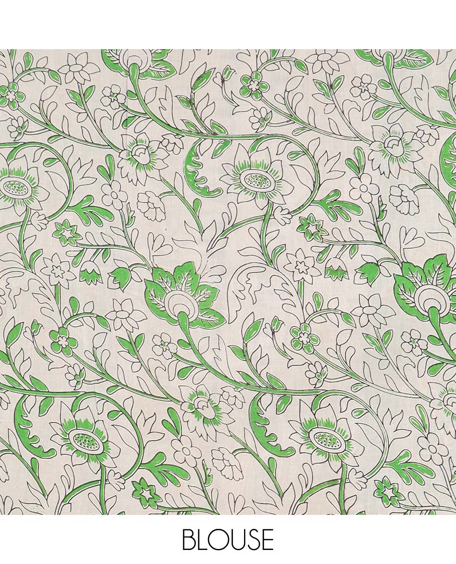 Green floral vine machine-printed kalamkari cotton saree, contrast floral creeper border & intricate pallu