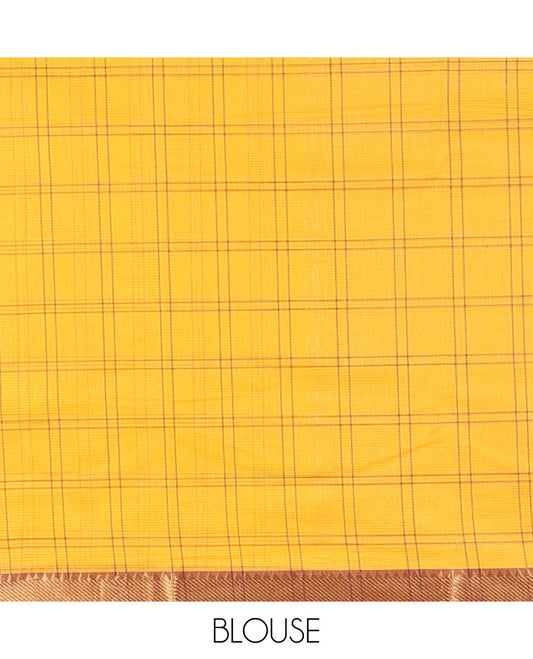 Yellow checked design khadi cotton saree, contrast zari border & traditional zari design pallu