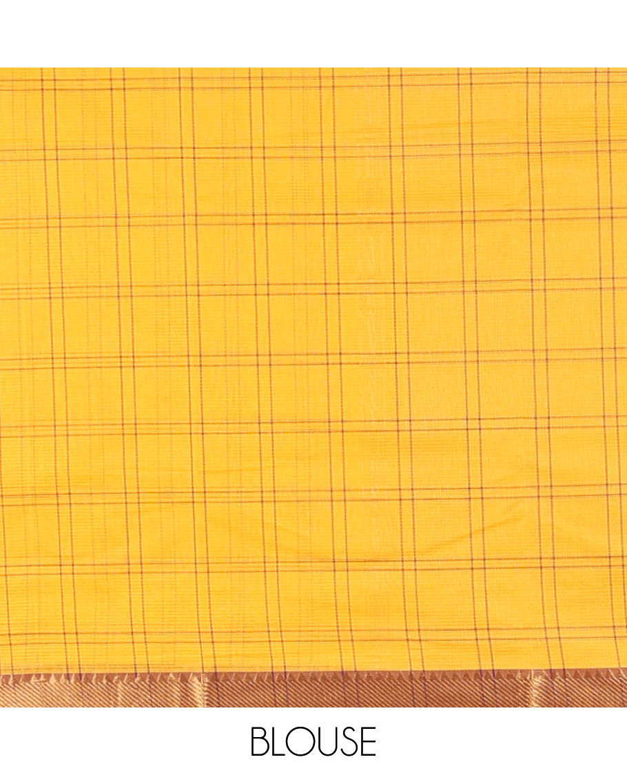 Yellow checked design khadi cotton saree, contrast zari border & traditional zari design pallu