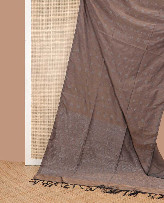 Borderless brown floral design semi silk saree with geometric design pallu