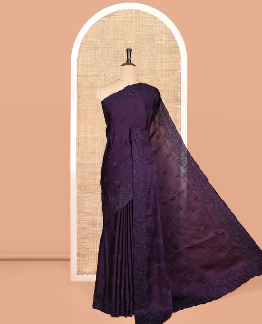Dark Purple Designer Saree, Finely Crafted with Floral Stone Patchwork, a Scallop Stonework Border, and a Matching Blouse