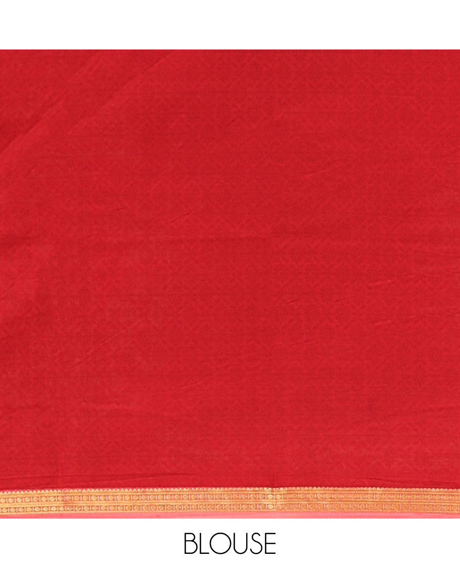 Red Printed Silk Saree, Elevated with Floral Vine Print, a Traditional Zari Border, Floral Pallu, and a Matching Blouse
