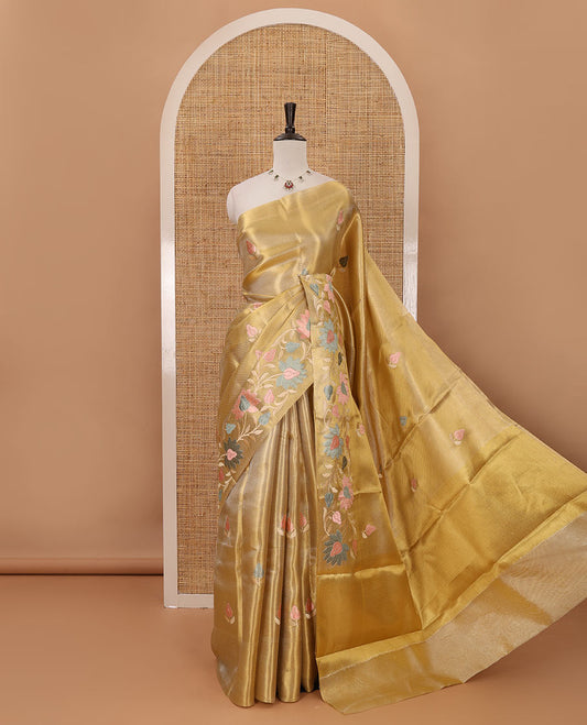 Gold floral embroidery celebrity tissue saree, floral vine multi-color thread embroidered border & embroidery pallu