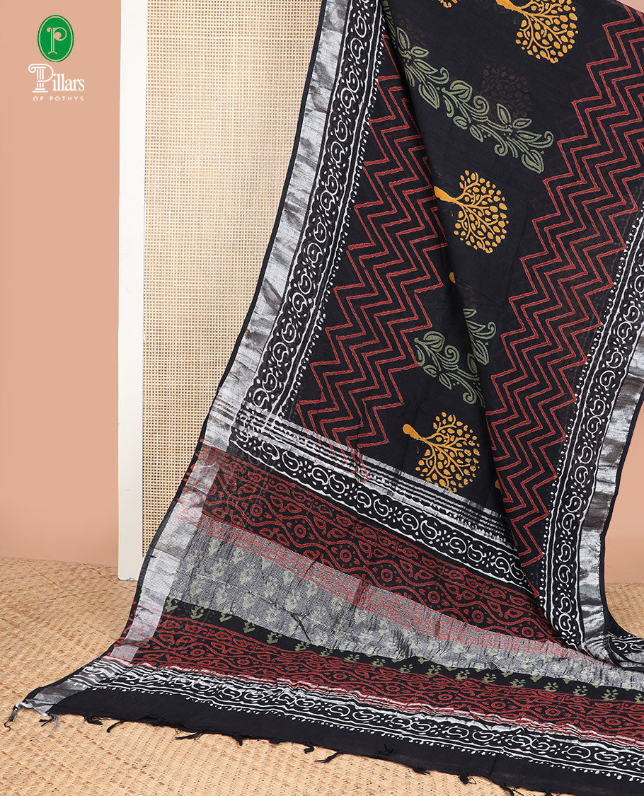 Black hand black printed linen saree with silver border & hand block print pallu along with self blouse