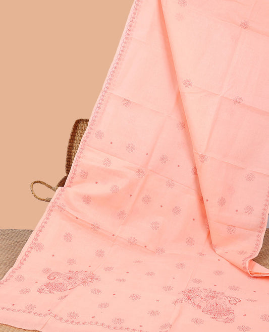 Orange floral embroidery lucknowi chikankari cotton saree,self scallop design border & pallu of floral embroidery